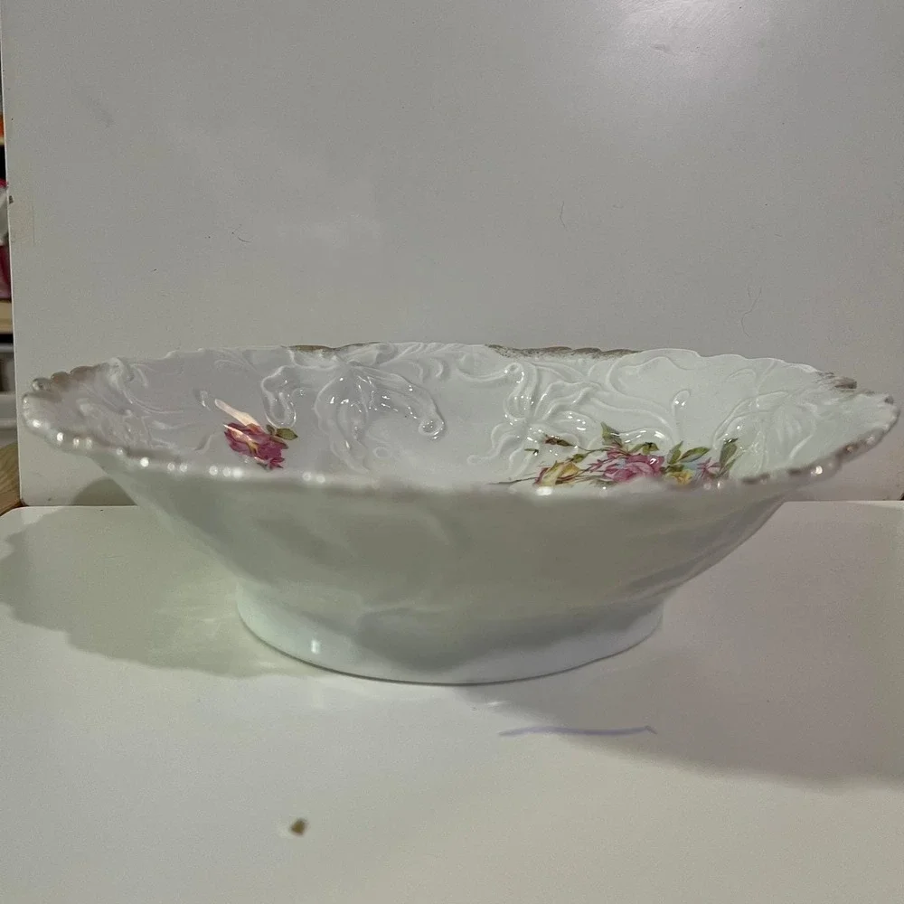 Vintage White Porcelain Serving Bowl Pink Rose Embossed Floral Gold Trim